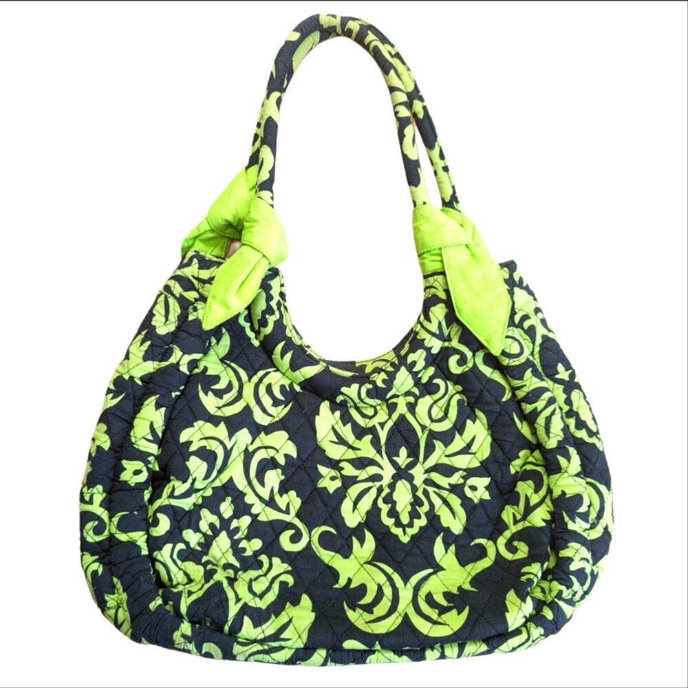 Quilted Lime Green Damask Print Boho Punk Tie Zipper Closure Shoulder Bag